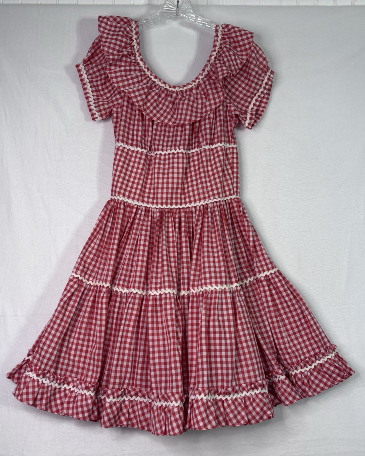 VTG Red White Gingham Square Dance Dress Prairie Rockabilly handmade full skirt