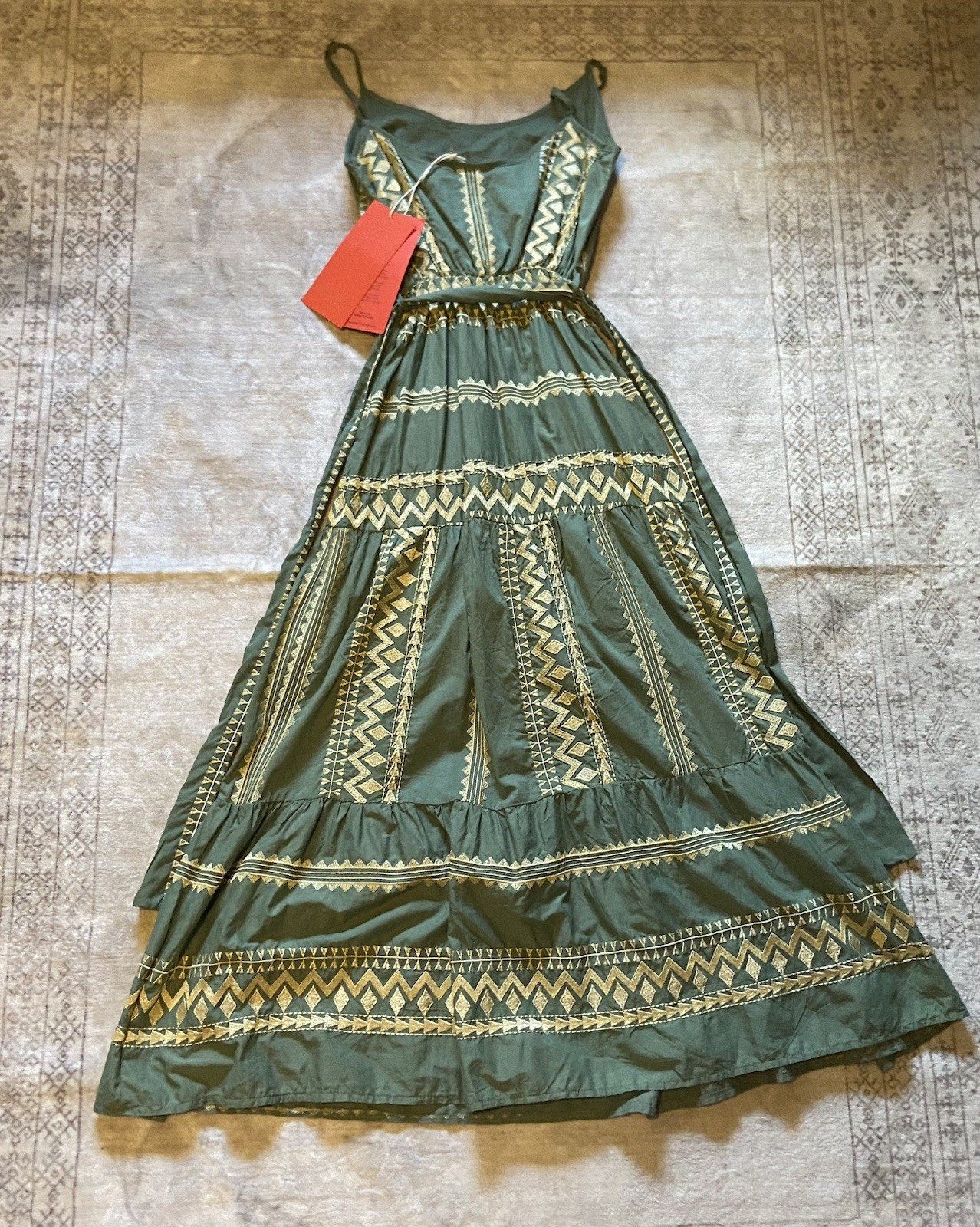 Aether Concept Nerina Greek Designer Long Dress NWT $185 Green/khaki Gold