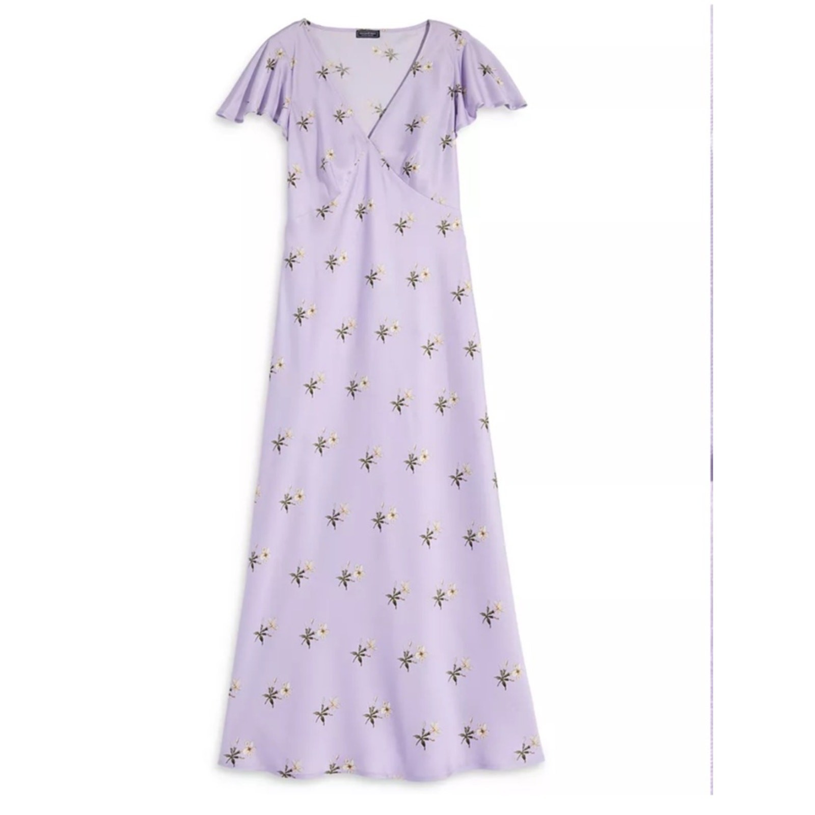 Vineyard Vines Lilac Satin Flutter-Sleeve Midi Dress with Small Floral Print