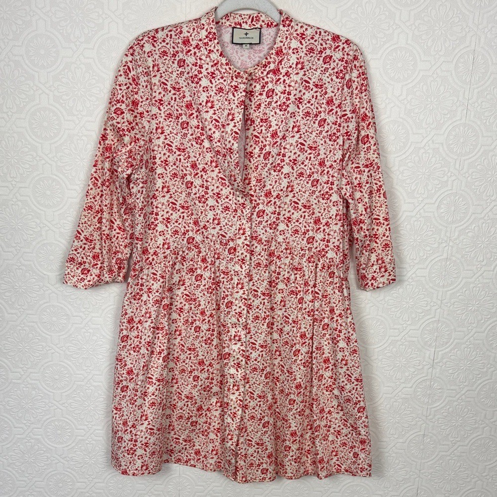 Tuckernuck Red Floral Button Front Dress Medium Cotton Blend Dress Long Sleeve