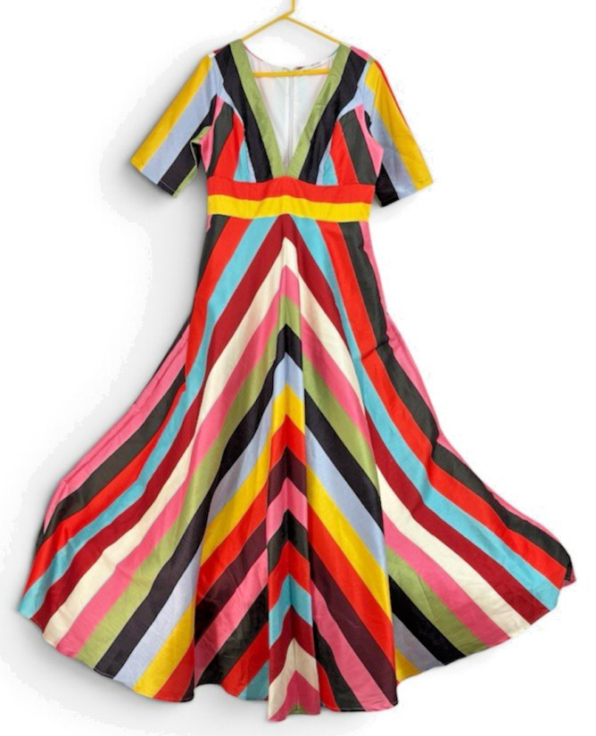 Plunge Chevron Stripe Print Dupioni Long Dress XL Vibrant Full Skirt Maxi