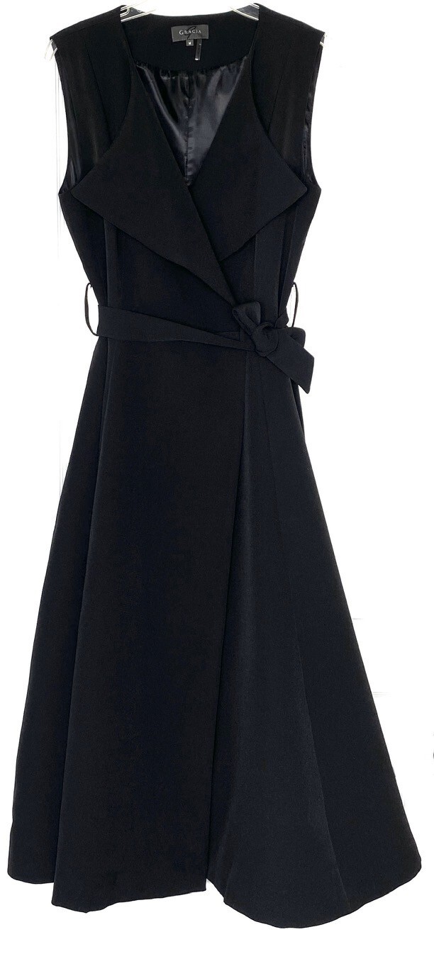 GRACIA Black Wrap Tie Waist Snap Button Sleeveless Trench Midi LBD Dress M = 6/8