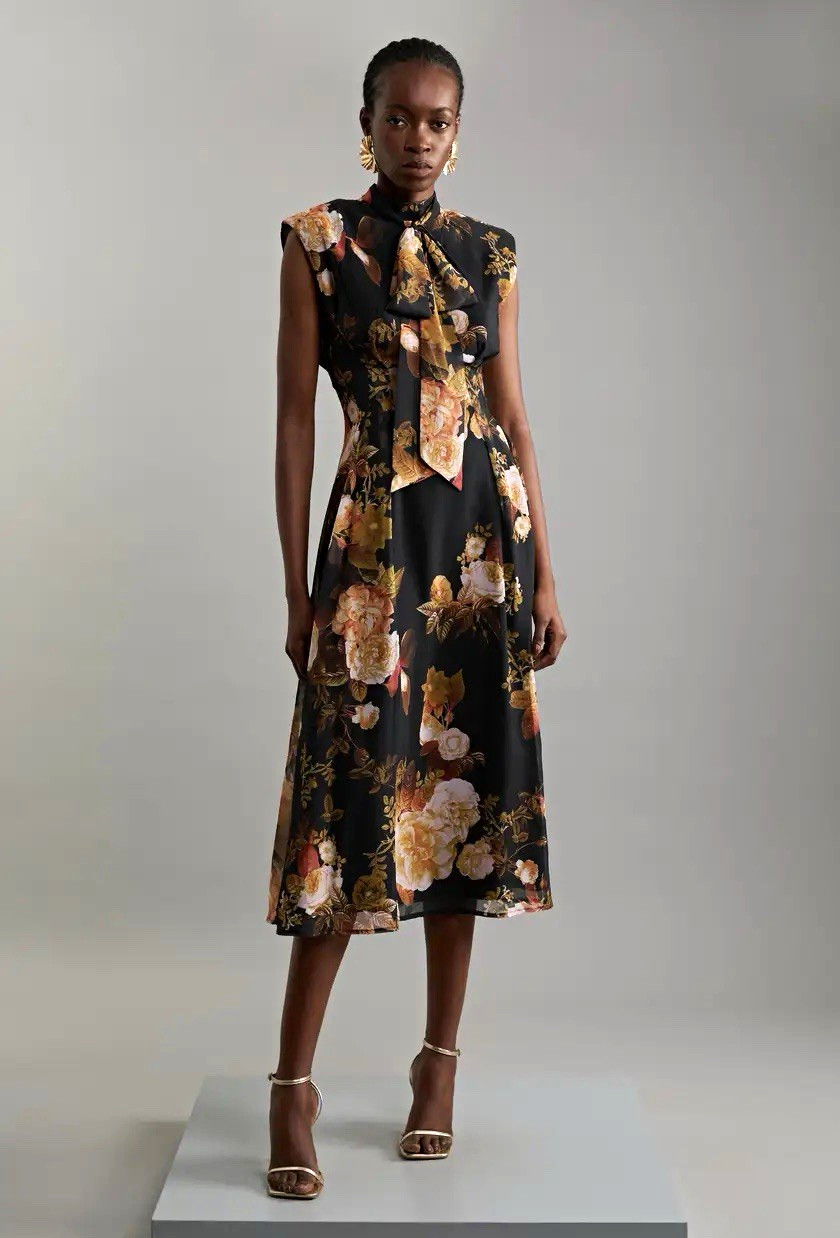 Karen Millen Petite Floral Georgette Woven Tie Midaxi Dress Size US 6, NWT