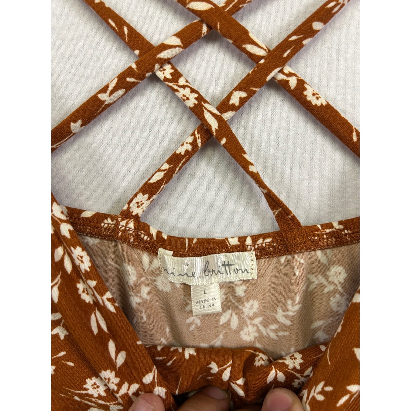 Cottagecore Nine Britton Womens Large Rust Floral Strappy Criss Cross Mini Dress