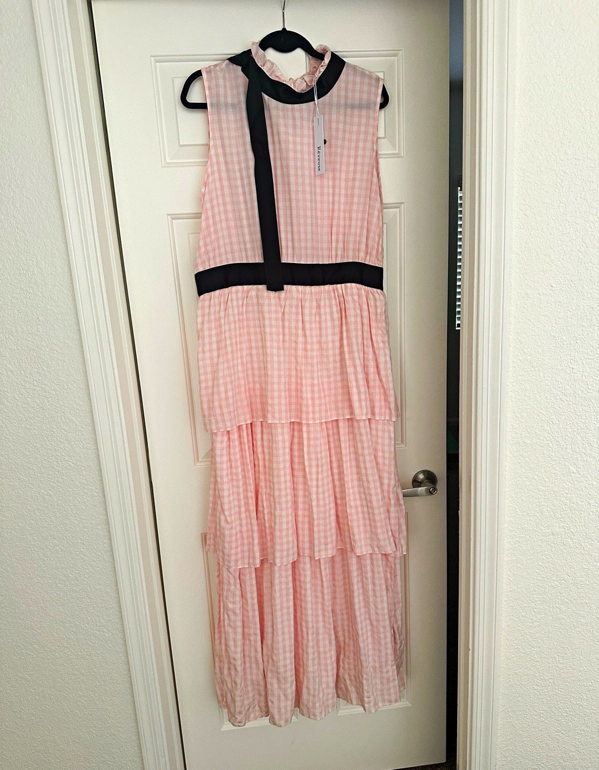 Rêveuse Pink/White Gingham Maxi Dress, 1X, Sleeveless, Layered Ruffle
