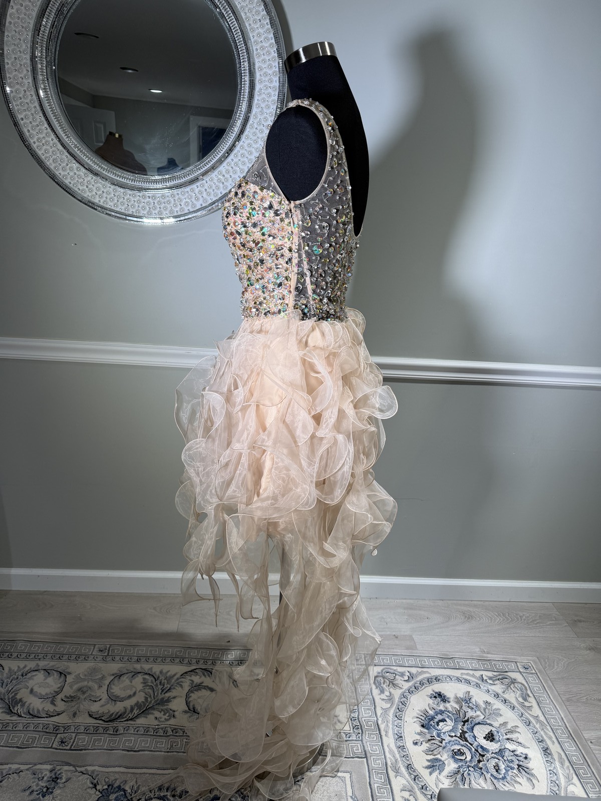 Colors Dress Rhinestone Ruffle Mini Dress Blush Champagne Size 8