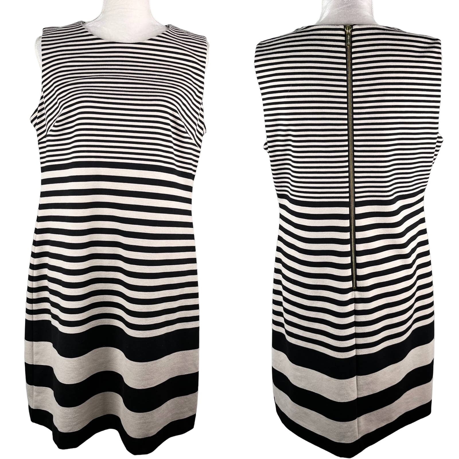 Calvin Klein Dress 14 Black Taupe A-Line Shift Stretch Sleeveless Back Zipper