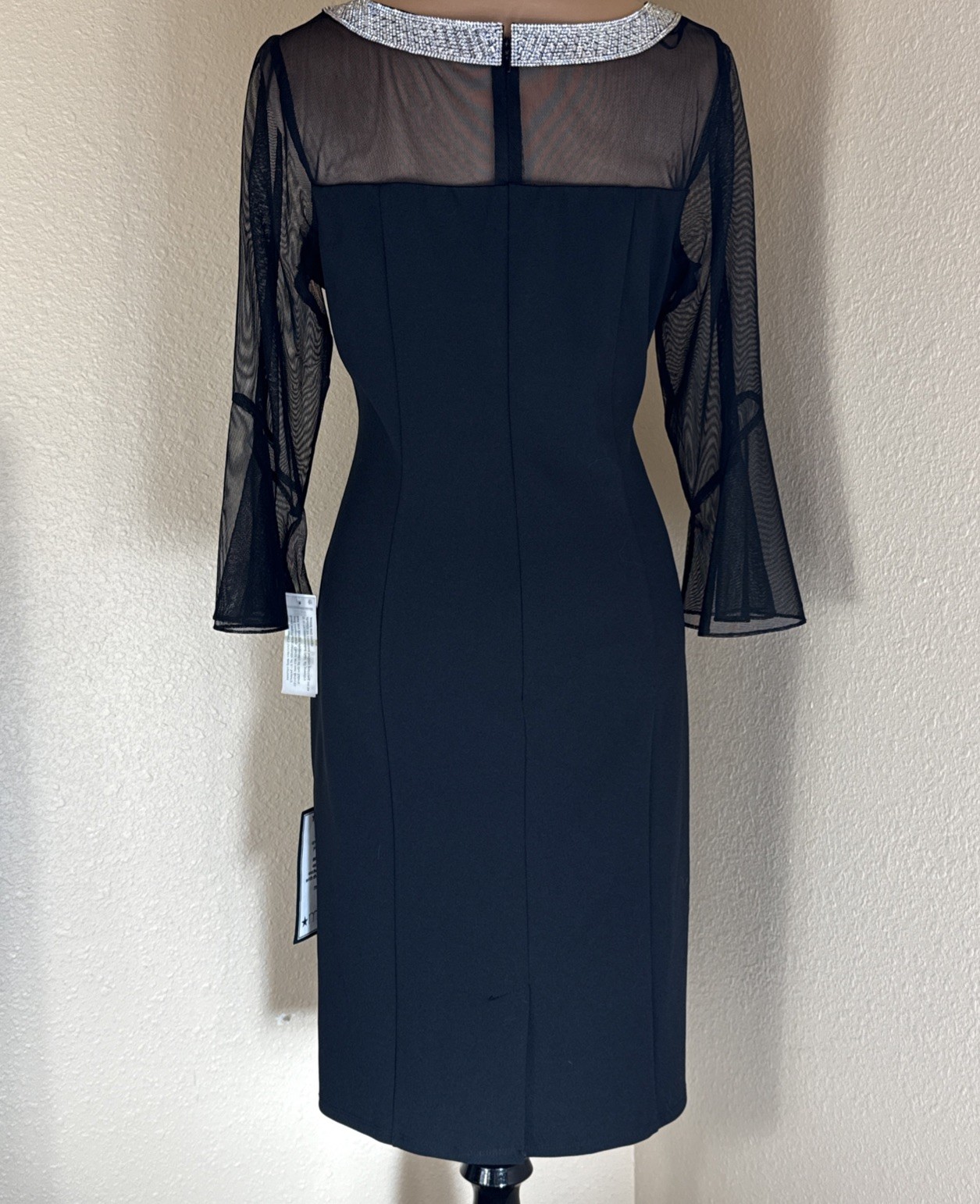 Alex Evenings 14P Black Mesh Rhinestone Accent Neckline Pleat Dress NWT$179