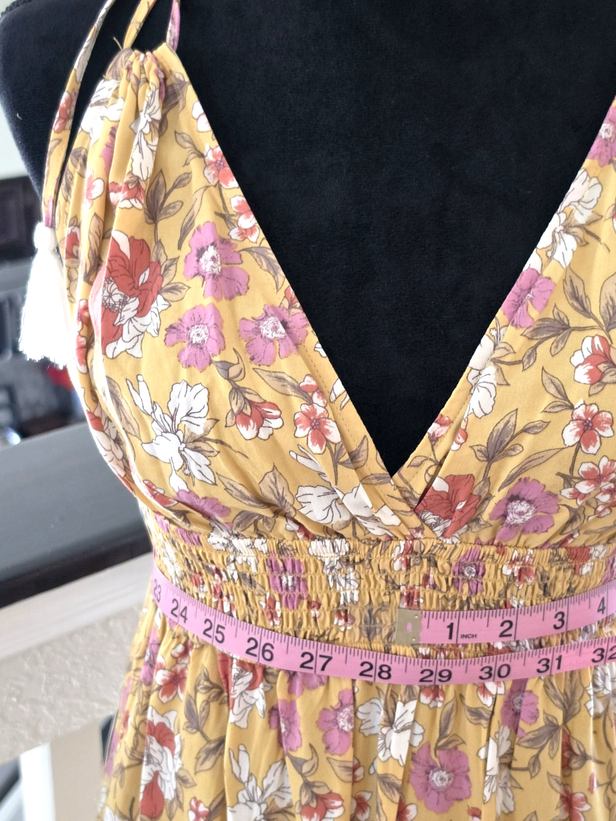 Inspired Hearts Yellow Floral V-Neck Tassel Tie Strappy Maxi Dress Womens L