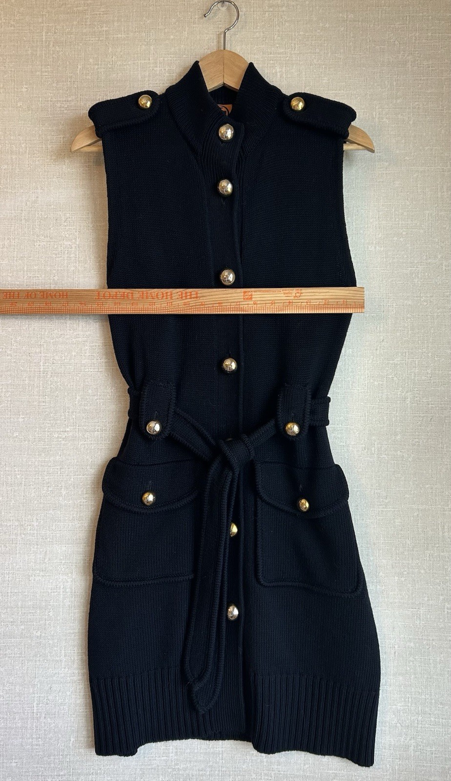 TORY BURCH Navy Sweater Dress Sleeveless 100% Merino Wool Gold Button Belt Small