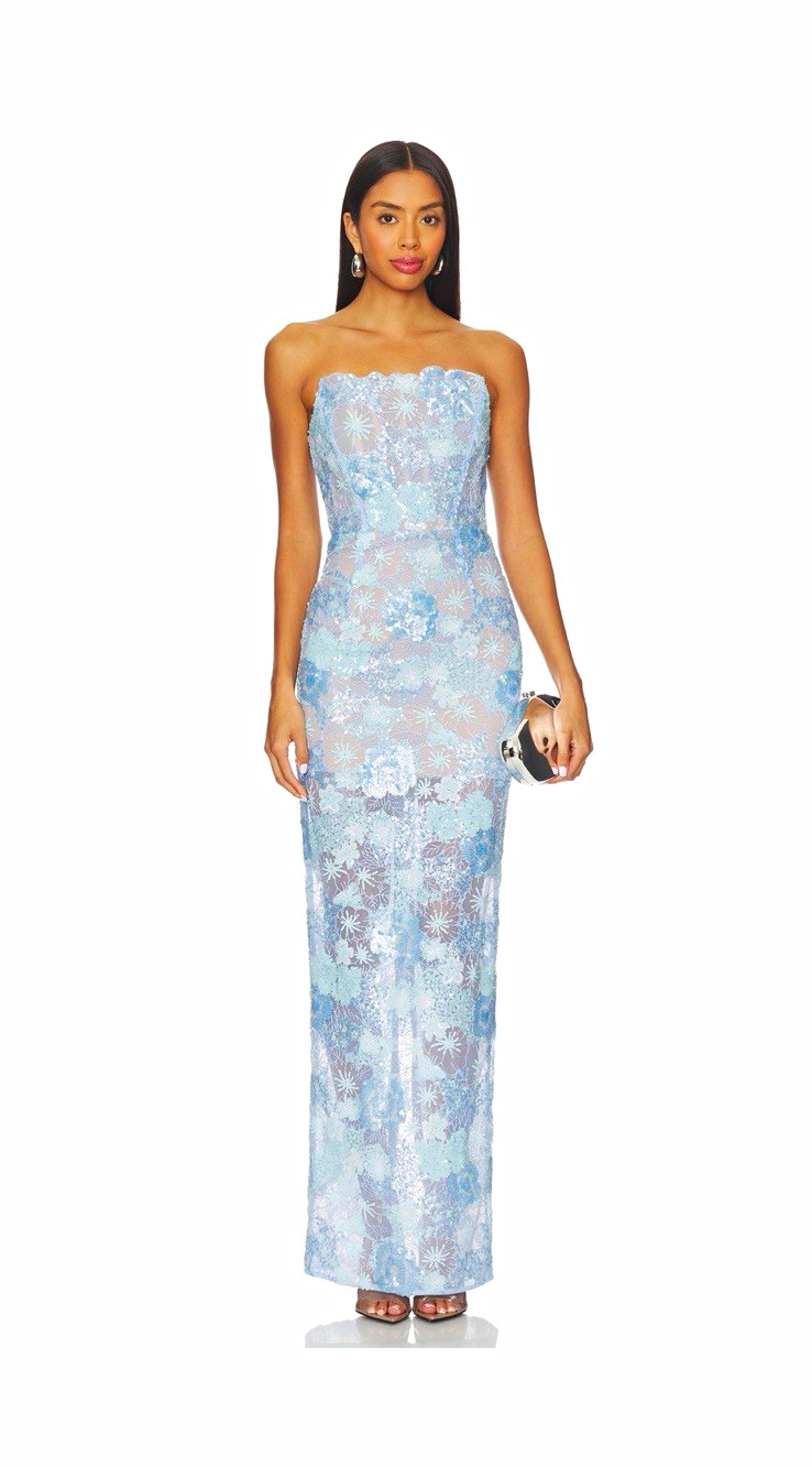 Women’s Blue Strapless Sequin Floral Maxi Dress Long Regular Size S