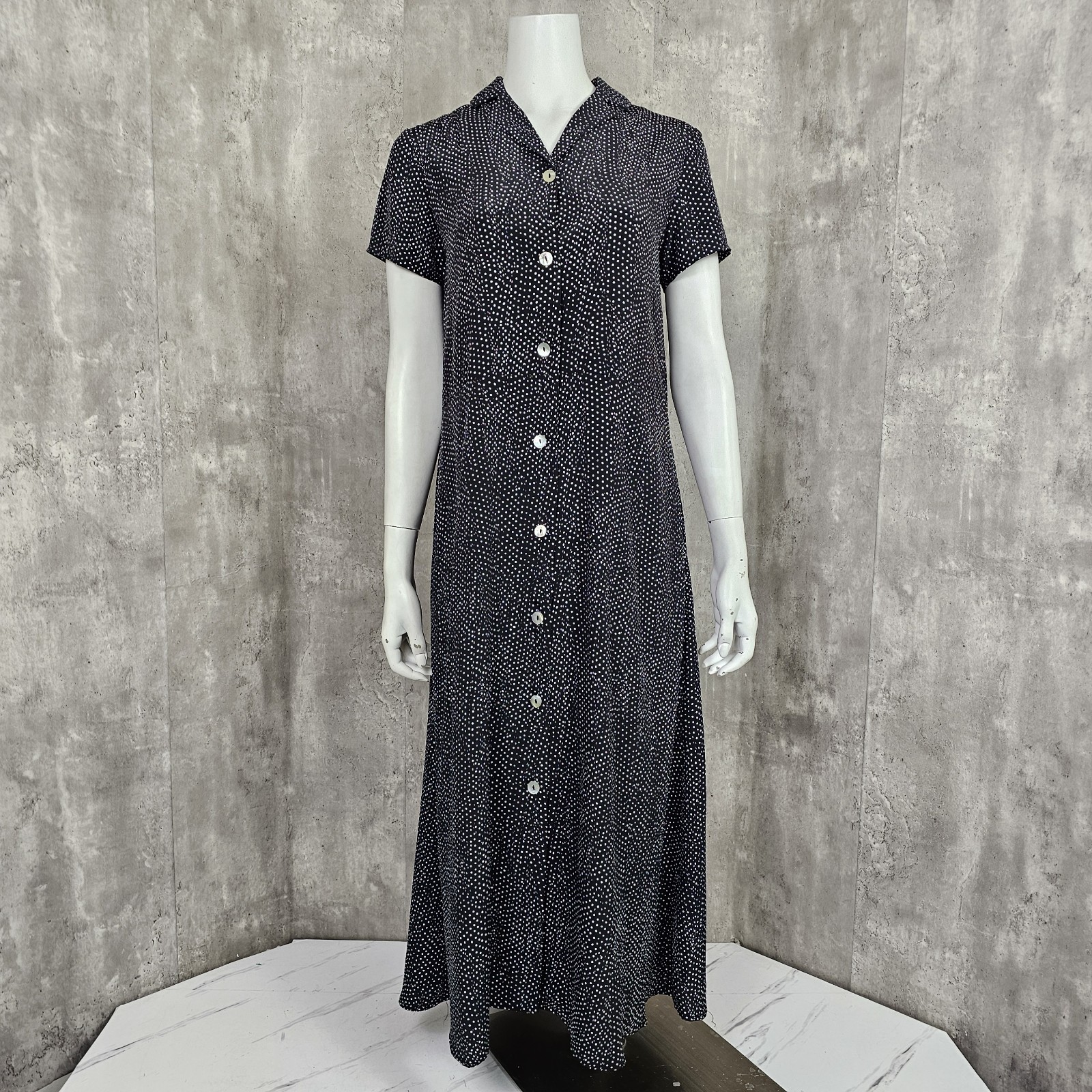 Mod Ref Size S Black White Small Polka Dot Shirt Dress Casual Midi Short Sleeve