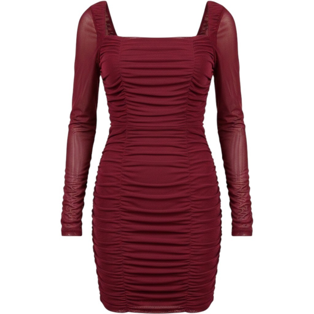 Dress the Population Dawn Burgundy Ruched Mesh Mini Dress Long Sleeve Size L