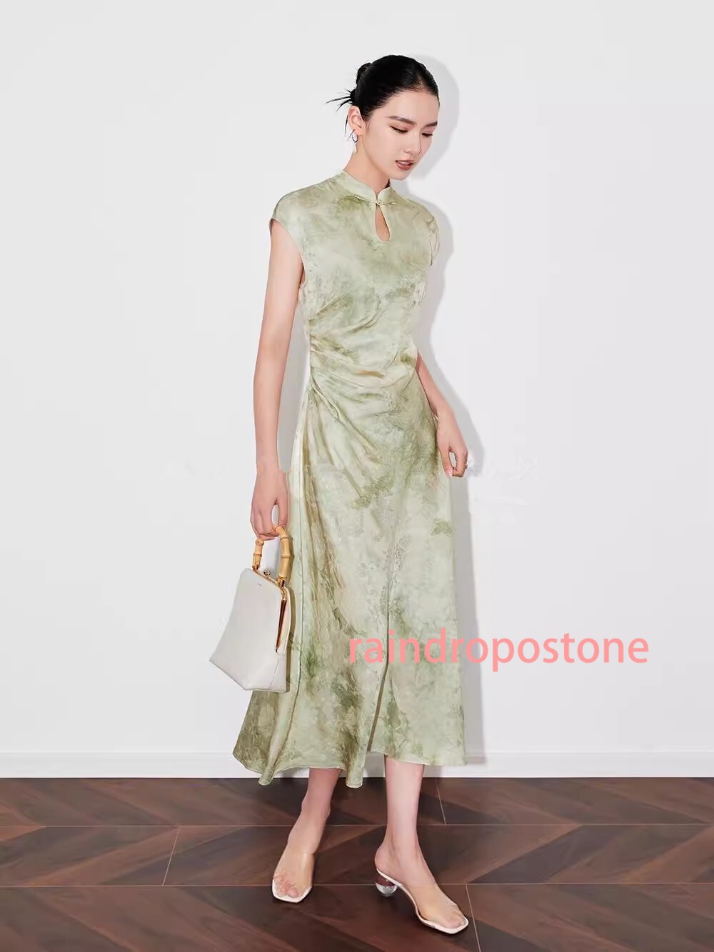 Womens Stand Collar Floral Printed Mid Long Dress Sleeveless Retro Chinese Style