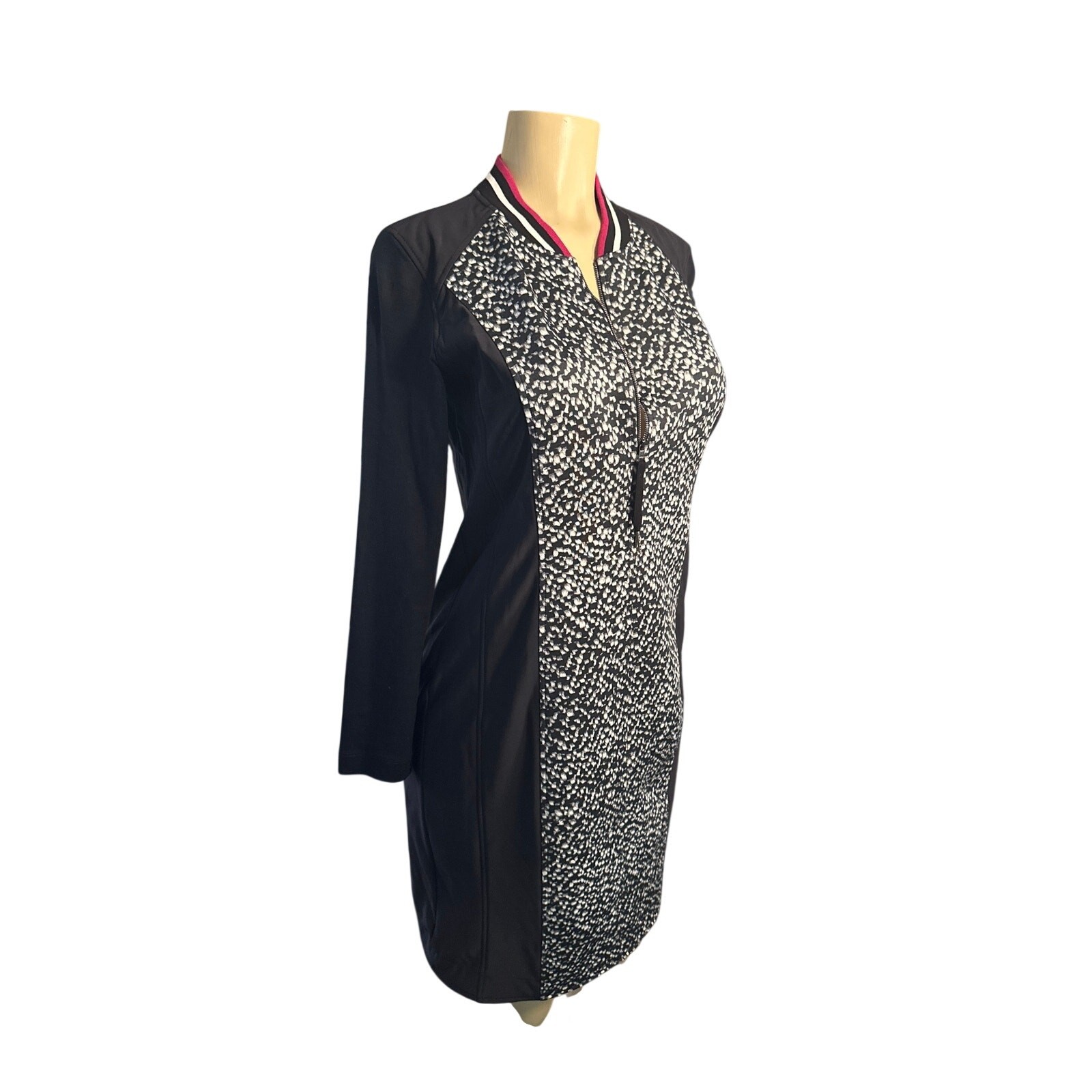 Women M Marc Cain Sports Black Long Sleeve Printed Dress Athletic Zip Front