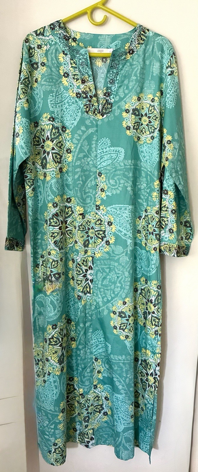 I. Magnin Women L Caftan Tunic Pool Party Dress Green Paisley Seed Bead Vintage