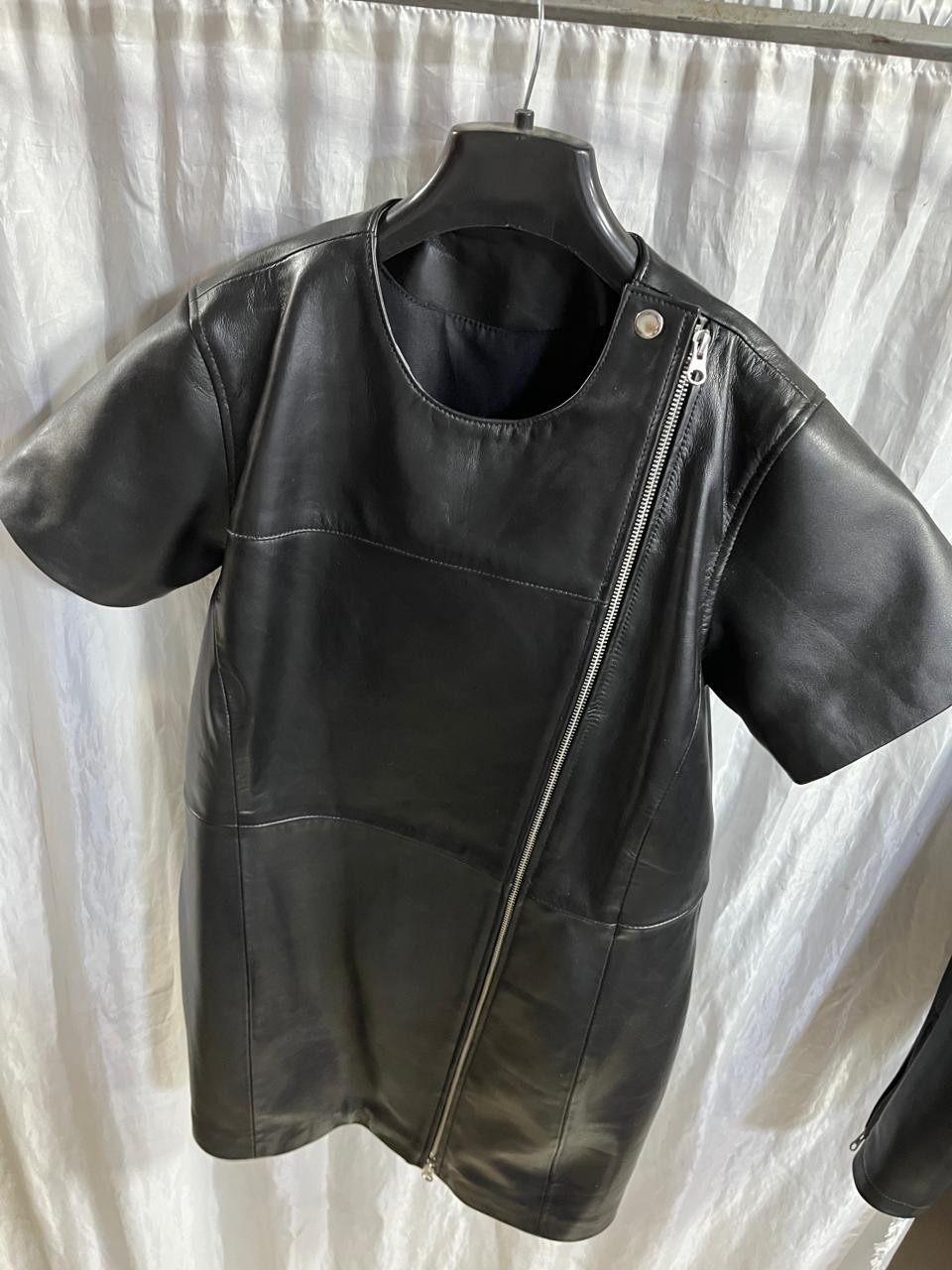 Womens Black Crop Double Zip Leather Dress. Real Sheepskin Slim Fit Casual Dress