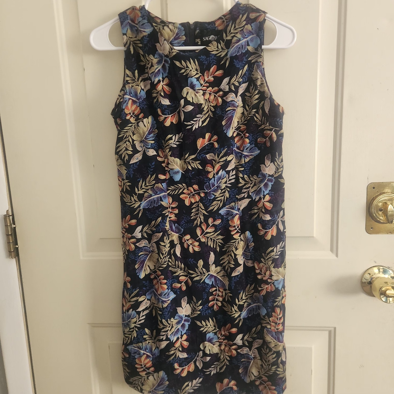 Sag Harbor Dress Womens Small Navy Blue Plant Leave Pattern Folliage Sleeveless