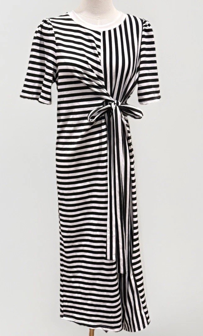 New Women’s Dazy Black/White Striped Knit Faux Wrap T-shirt Maxi Dress Large
