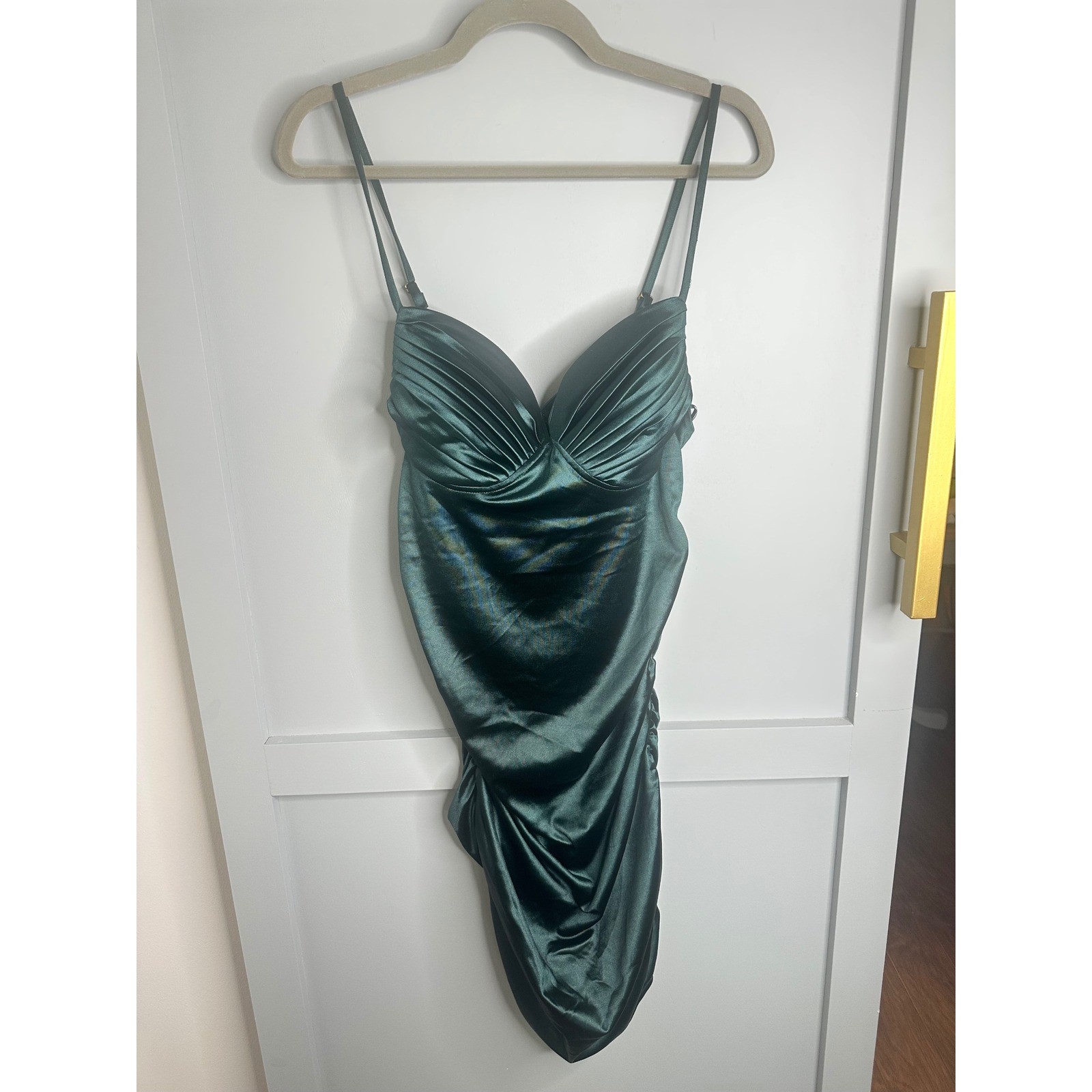 Guess Taima Dark Jade Green Ruched Satin Bodycon Mini Dress XL Q2OK03KB0T0 NWT