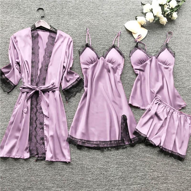 Women’s Suspender Pajamas 4-piece Set With Chest Pad