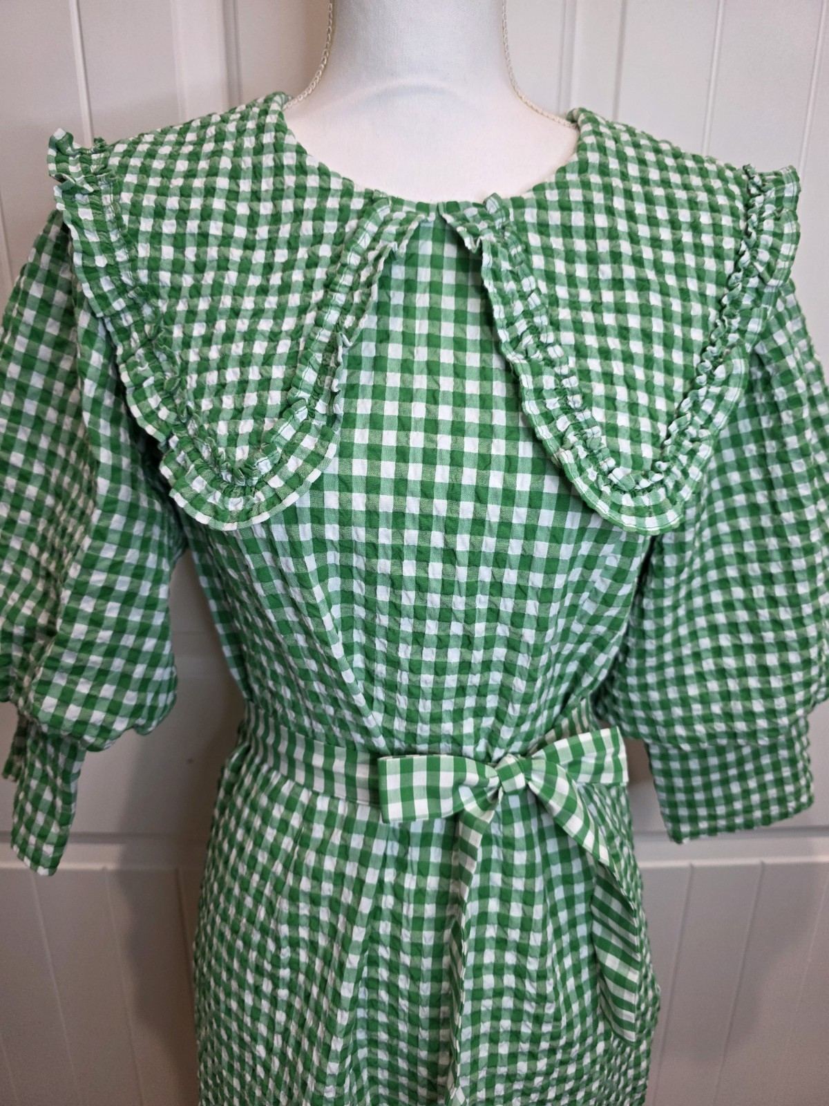 Reserved Green Gingham Seersucker Mini Dress Peter Pan Collar Belted EU40 UK12