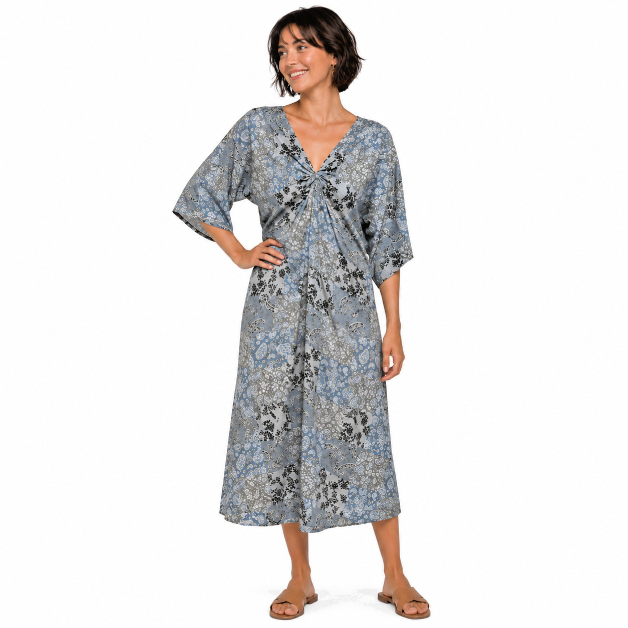 New GIGIO Size L 12 14 Patchwork Print Twist V Neck Midi Dress Back Tassel Tie