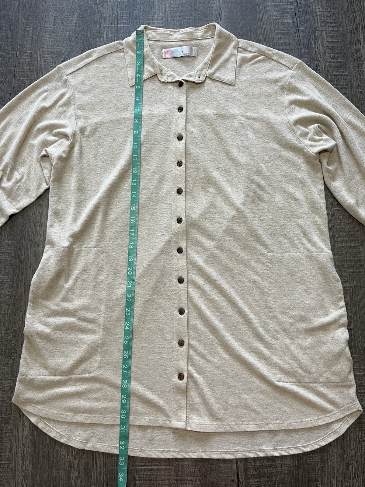 Free People Beach Linen Blend Smocked Cuff Button Down Shirt Dress Oatmeal XS