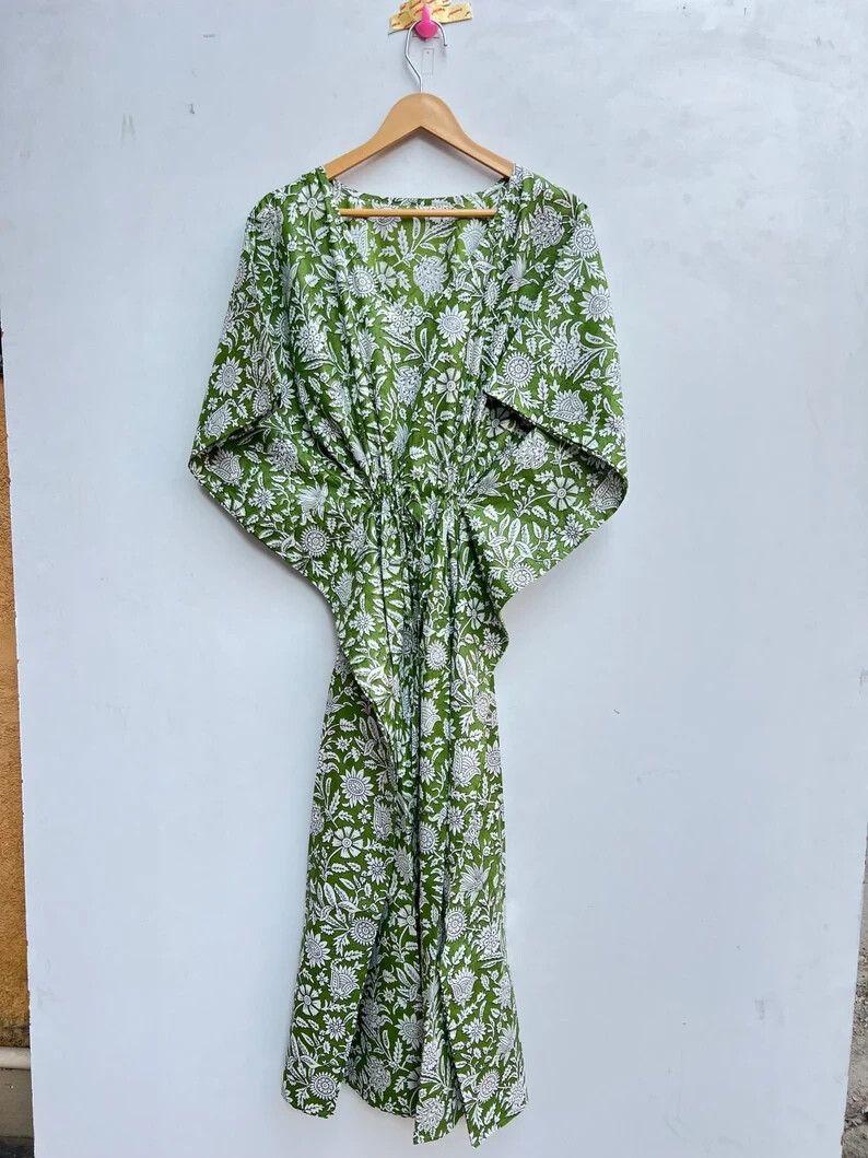 Indian Vintage 100% Cotton Long Beach Maxi Kaftan Dress One Size Caftan Kimono
