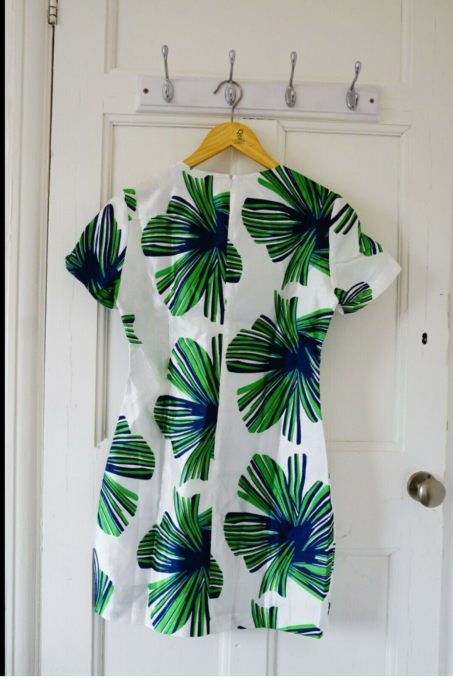Green Palm Leaves White Print Mini Dress Elegant Women Short Skirt M S 8 10