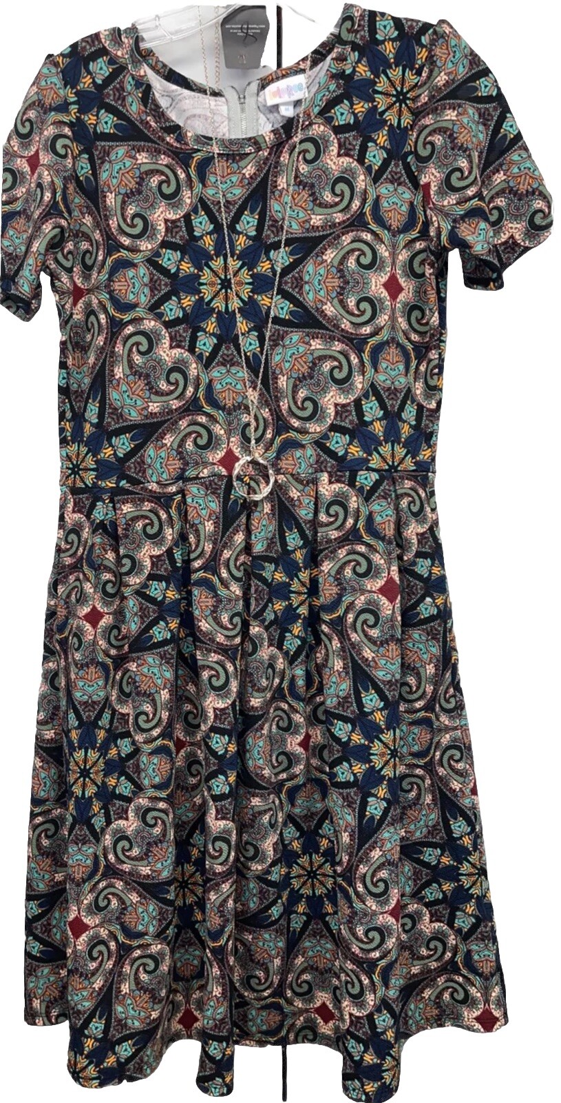 NWT LuLaRoe Medium Black Navy Maroon Green Gold Paisley Amelia Zip Dress