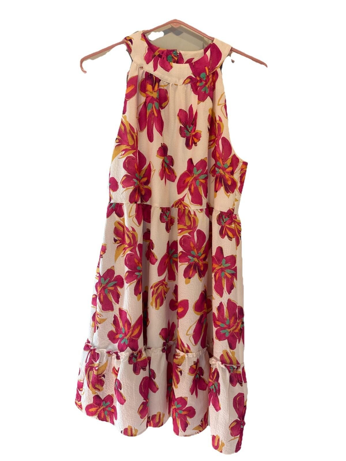 Anthroplogie THML Women’s Floral Halter Mini Dress XSPink Cream Tiered Ruffle