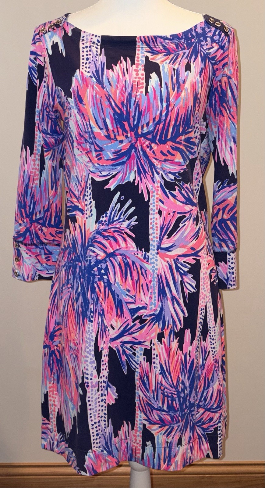 Lilly Pulitzer Floral Shift Dress Boat Neck 3/4 Sleeve Short, M Navy Pink