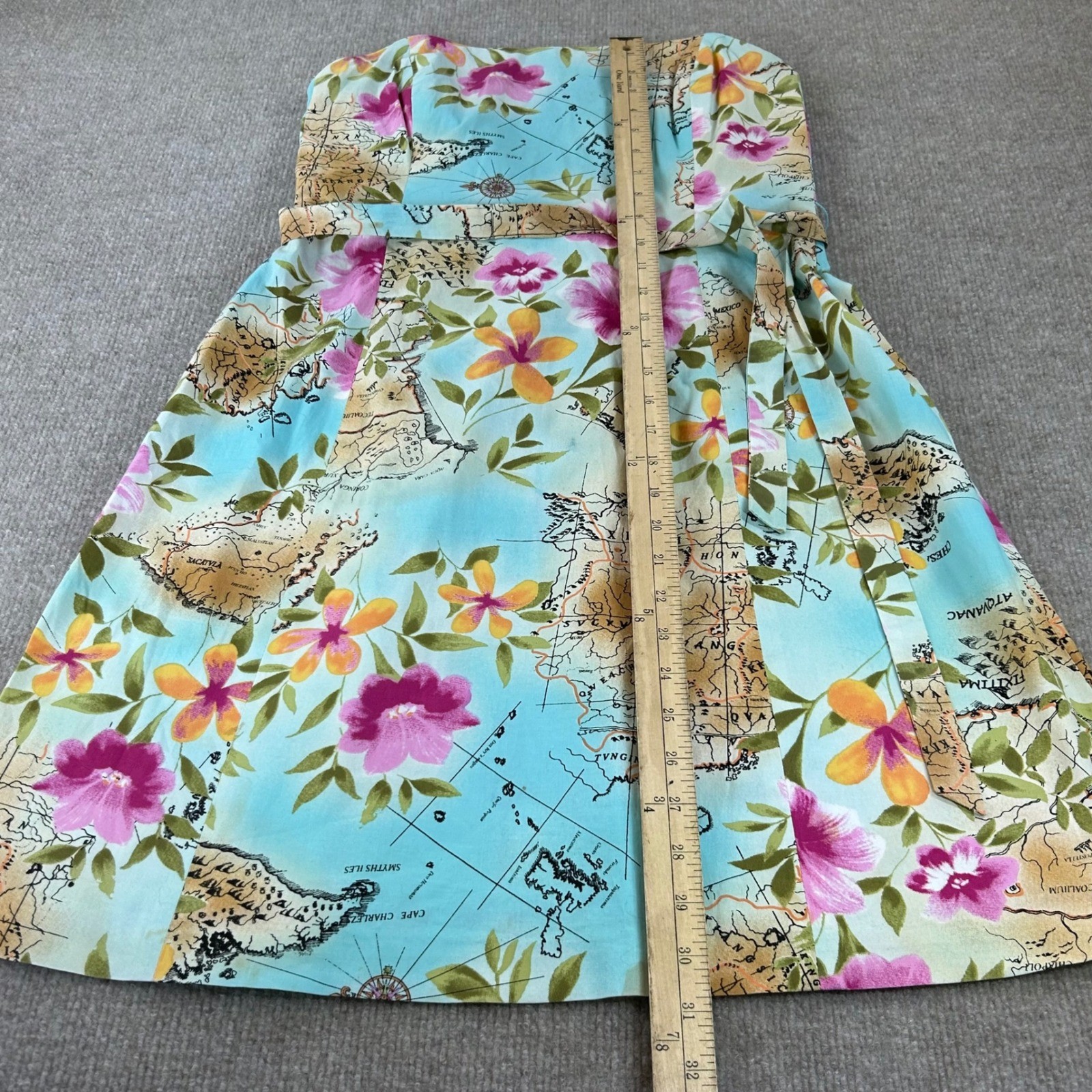 Robin Jordan Strapless Floral Map Print Dress Blue Size 8 Cotton Spandex Travel