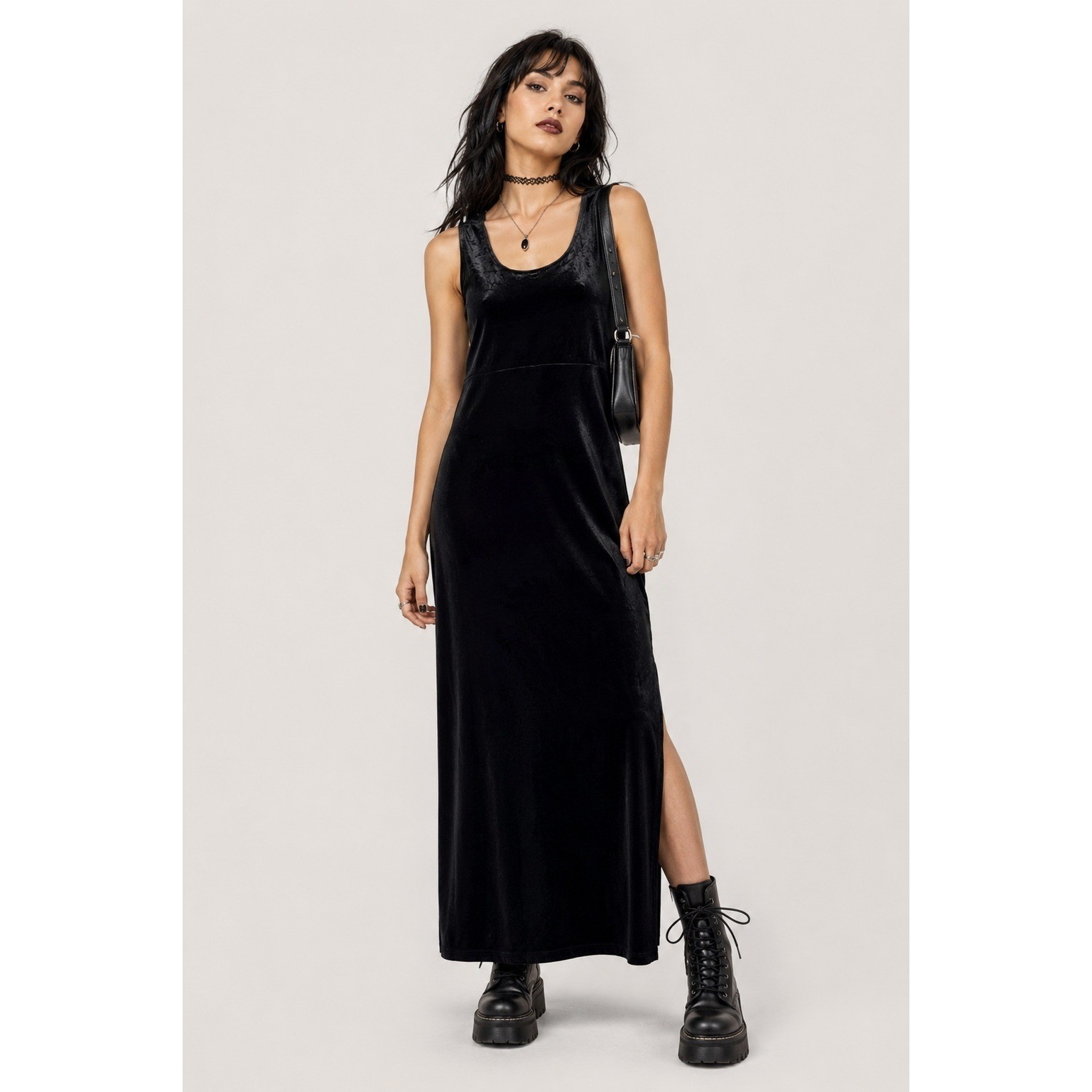 90s Black Velvet Maxi Dress Gothic Minimalist Side Slit Sleeveless Size 8