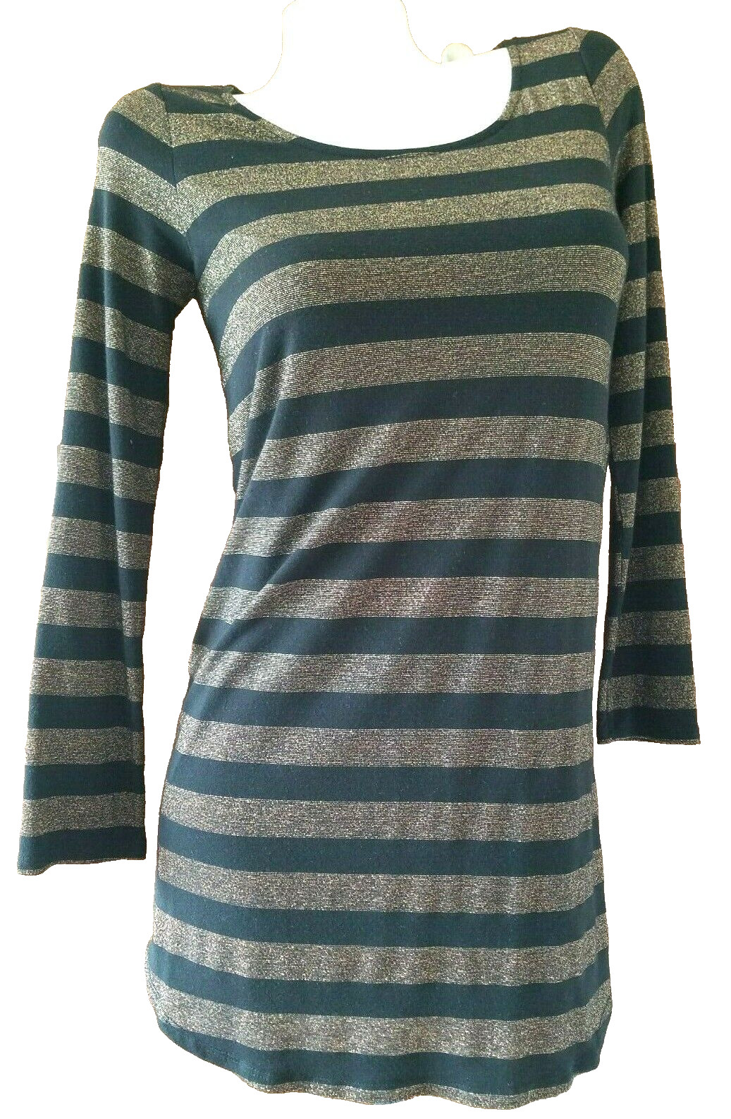 Everly Black and Gold Lame’ Scoop Neck Lined Long Sleeve Jersey Dress Size S