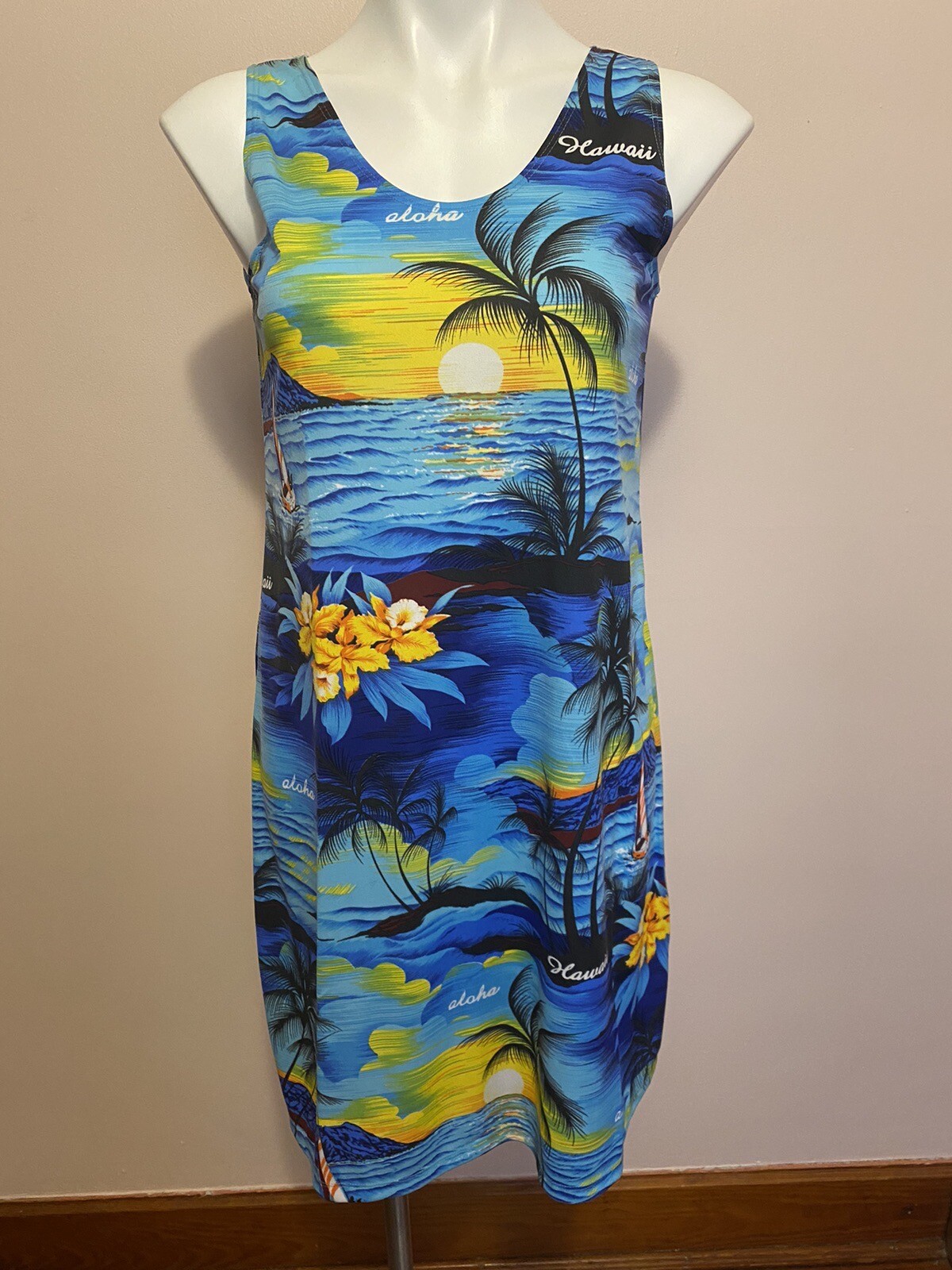 Royal Creations Hawaiian Dress XL Sleeveless Blue Yellow Palm Trees Sunrise S