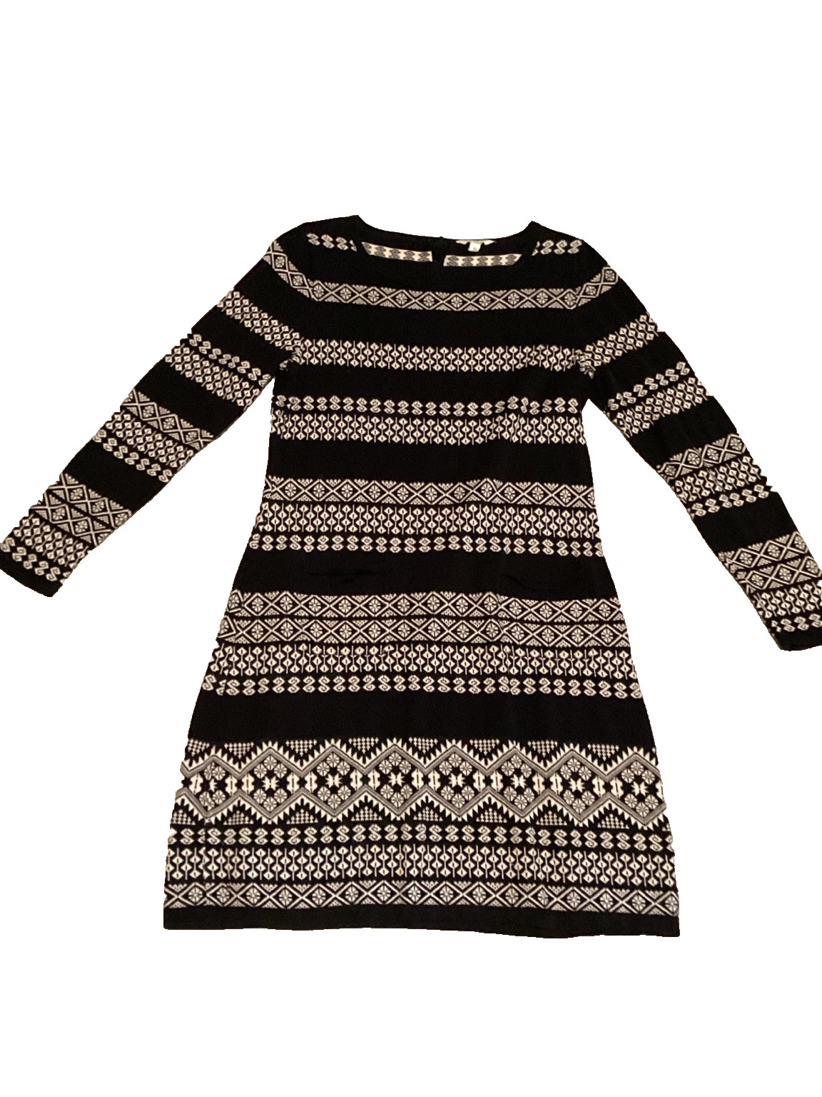 Monsoon Fair Isle 100% Cotton Knit Sweater Dress Black Ivory Long Sleeve Medium