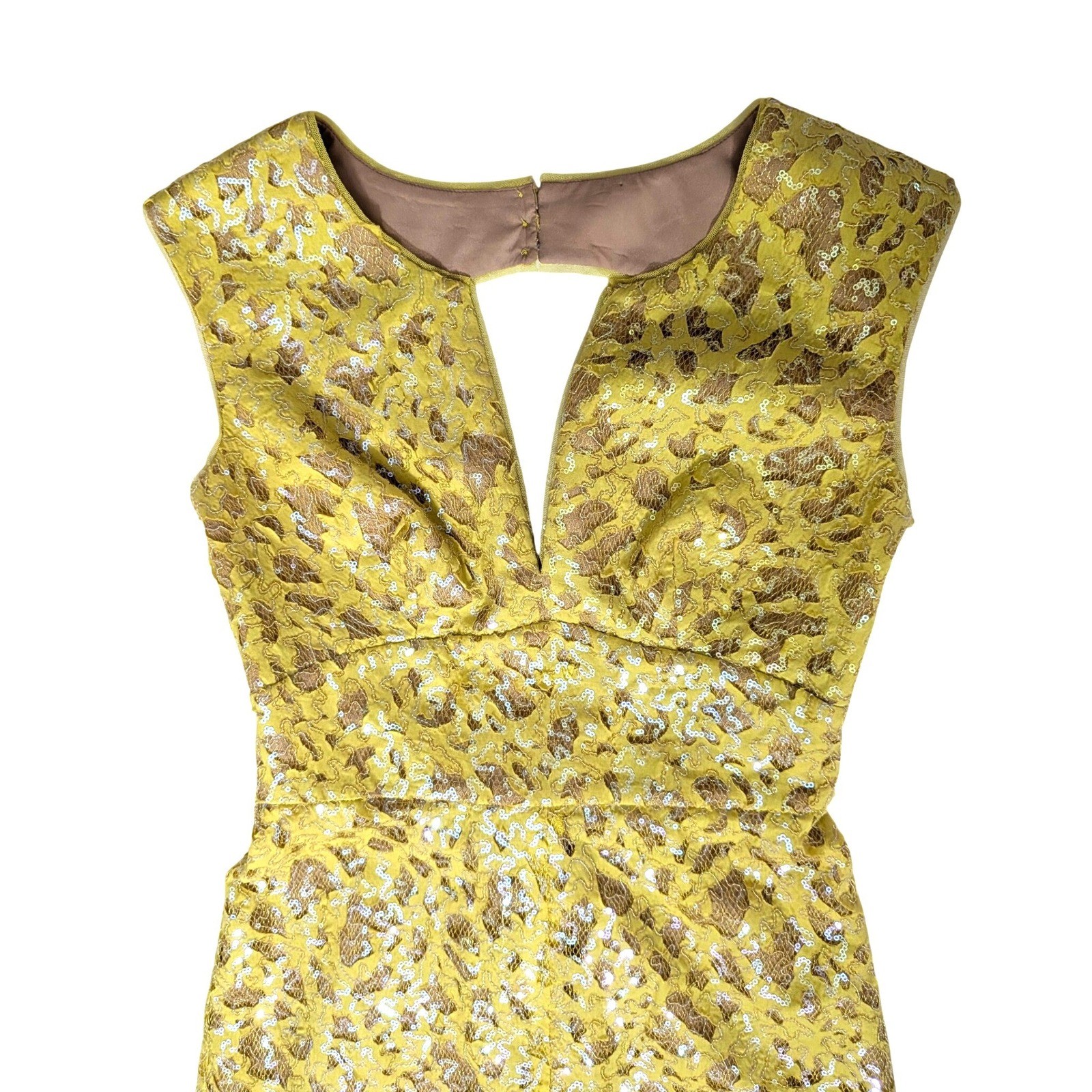 BCBGMAXAZRIA Yellow Sequin Lace Cain Mini Dress Open Back Glam Size 2