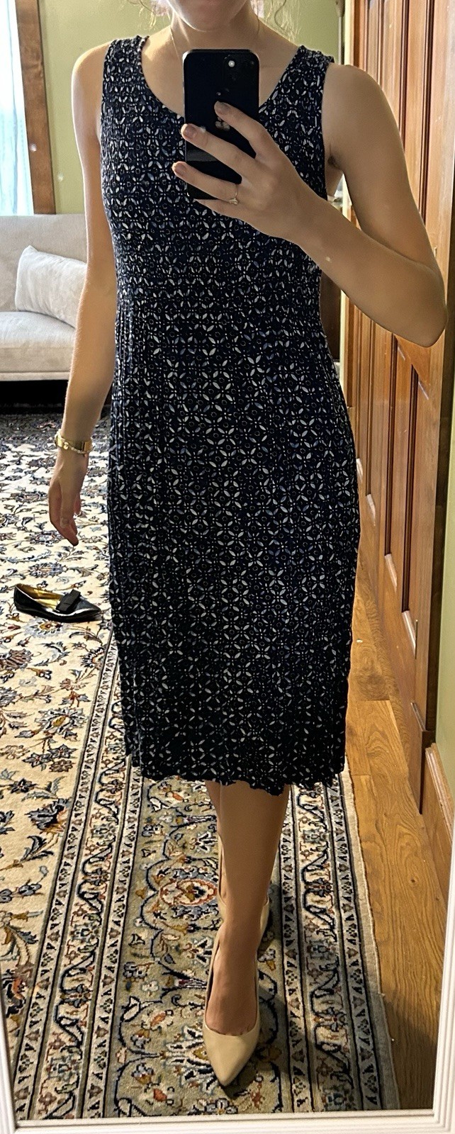 Croft & Barrow A-Line Midi Dress Sleeveless Round Neck Geometric Black Blue S