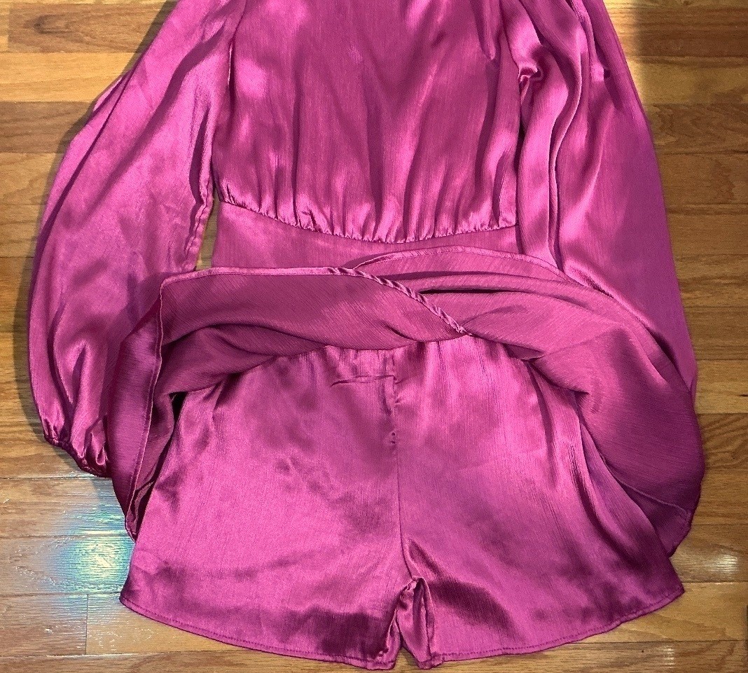 Storia Satin Layered Tier Romper in Fuchsia, Size M
