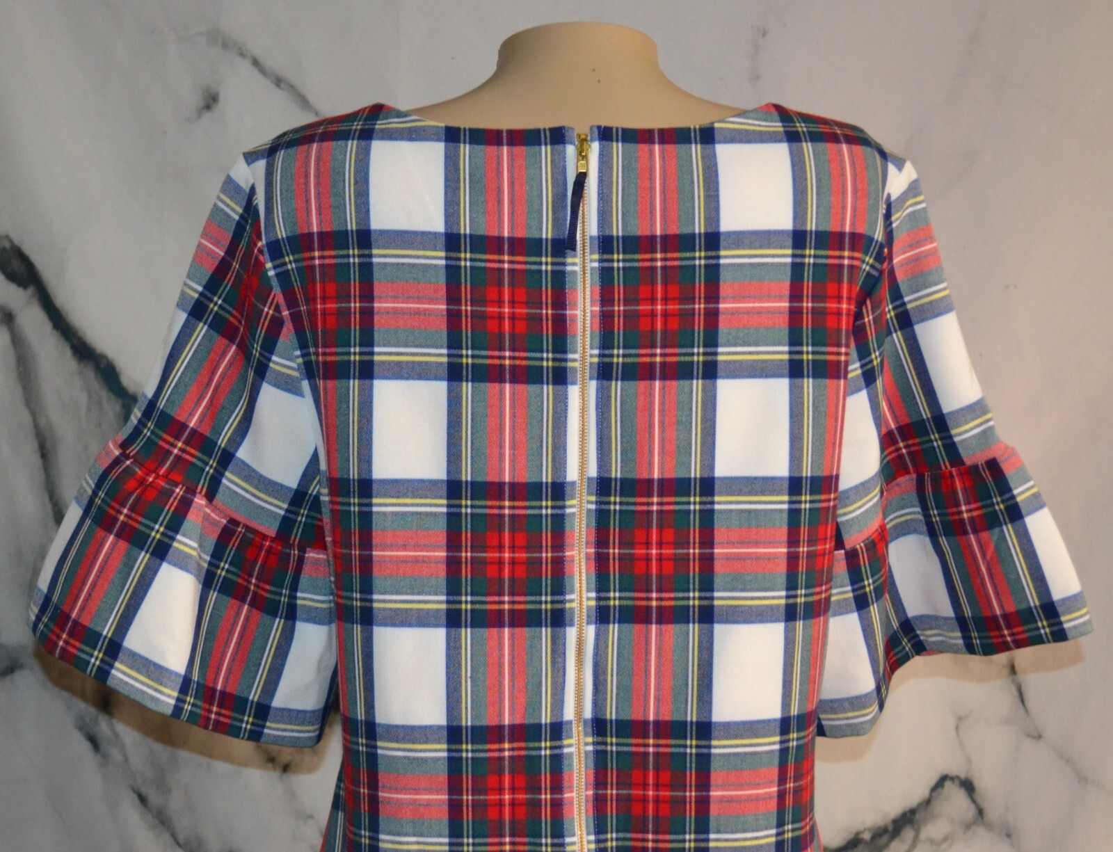VINEYARD VINES White Multicolor Plaid Dress 14 Short Flared Sleeves Lined