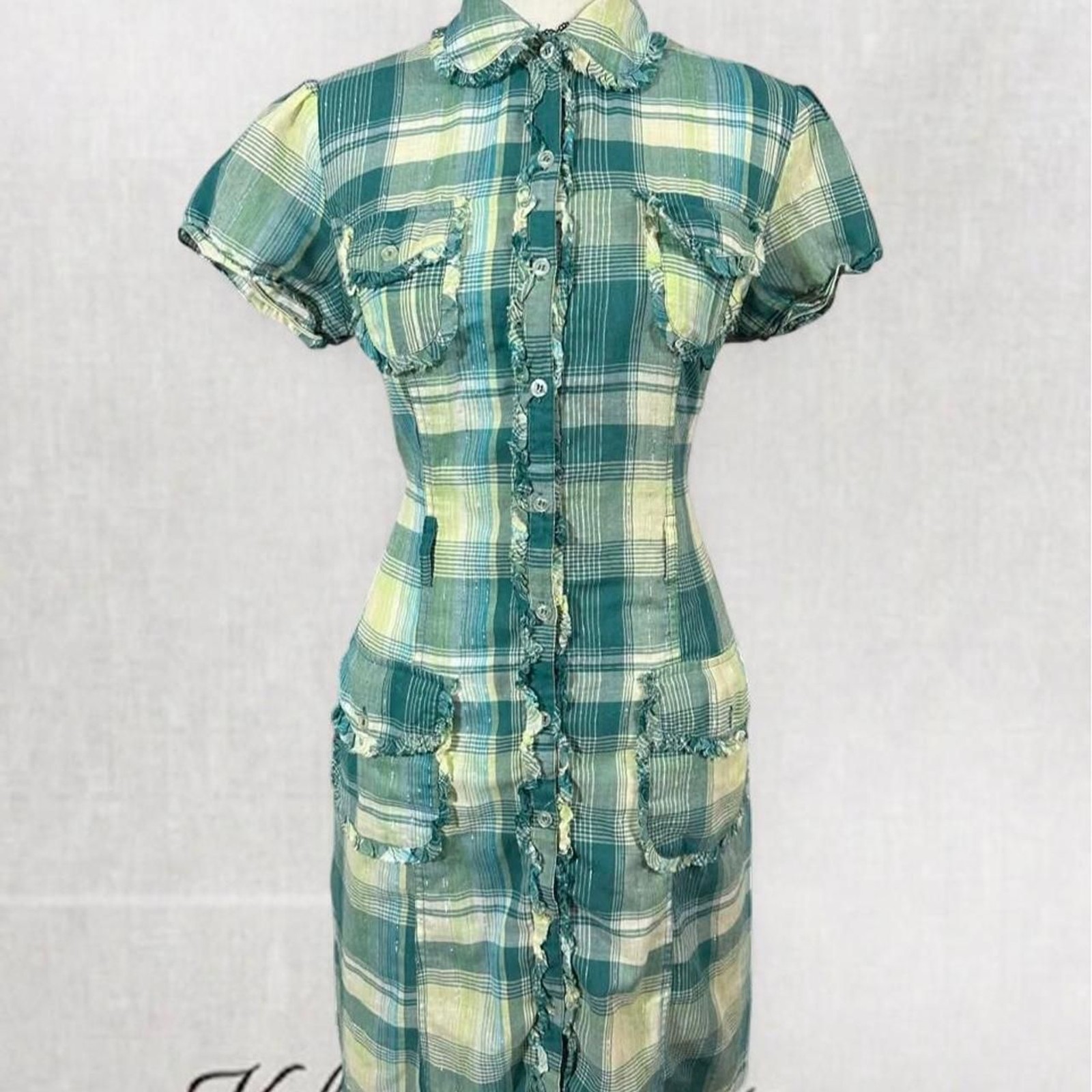 Grunge Style Green and White Plaid Collared Button Midi Dress