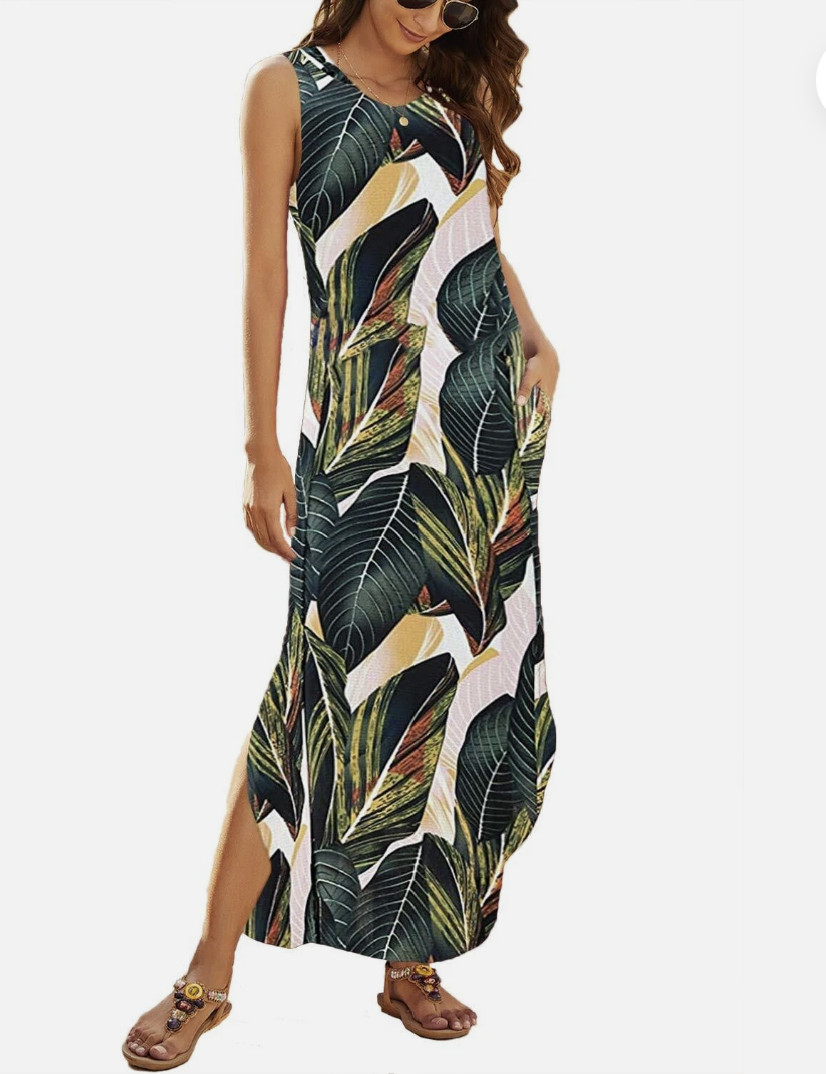 HOUNT Tropical Palm Leaf Maxi Dress Sleeveless Pockets Beach Vacation Resort Med
