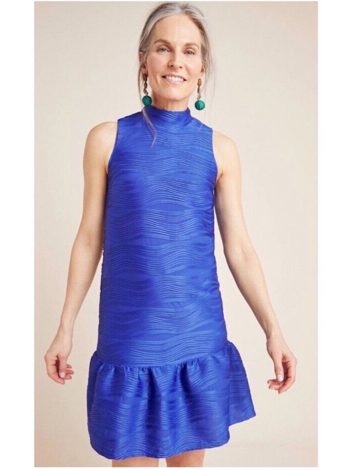 Anthropologie Hutch Mollie Royal Blue Textured Mock Neck Flounce Hem Size Lg
