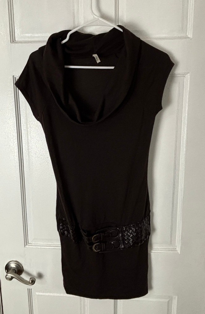 Bella D Tunic Womens M Brown Cowl Neck Short Sleeve Mini Dress Belted