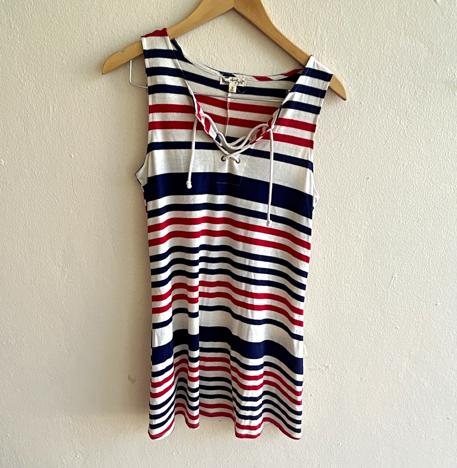 About a Girl Women’s White/Blue/Red Striped V-Neck Lace-Up Shift Dress S