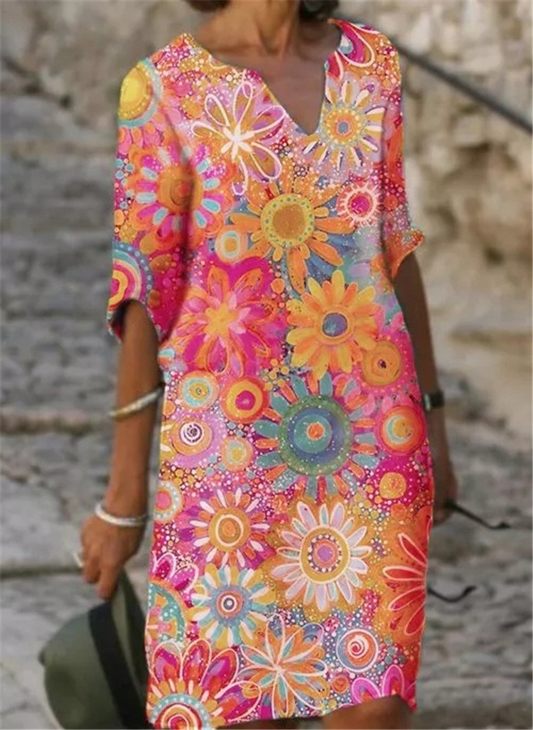 Women’s Plus Size Colorblock Patchwork V-Neck A-Line Midi Dress