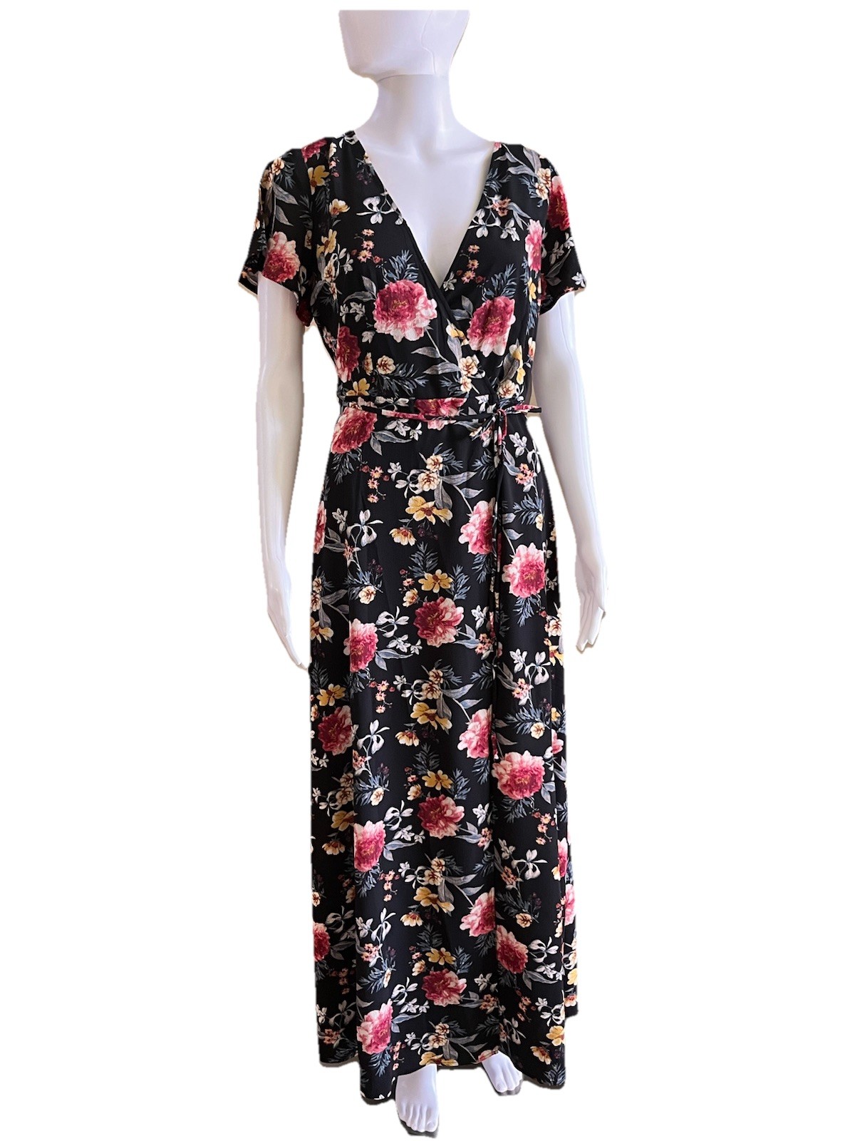 NY Collection Floral Maxi Dress Size M (US 6-8) Black Multicolor Wrap NWT Boho