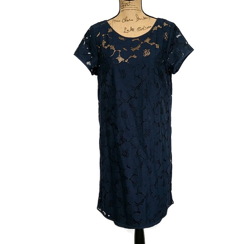 NWT Loft Womens 12 Shift Dress Blue Lace Sheer Neck Short Slv Keyhole Tie Back